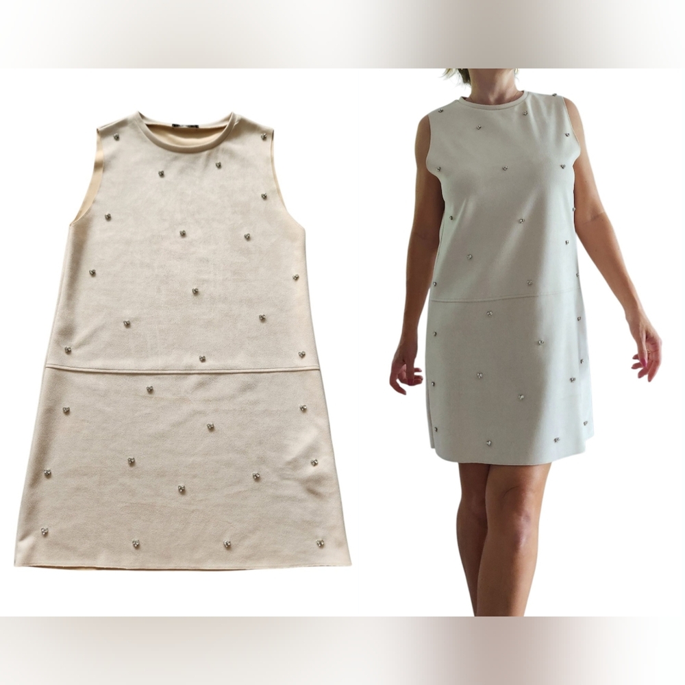 Zara Faux Suede Mini Dress Sz M Beige Crystal Embroidered Rhinestones Sleeveless